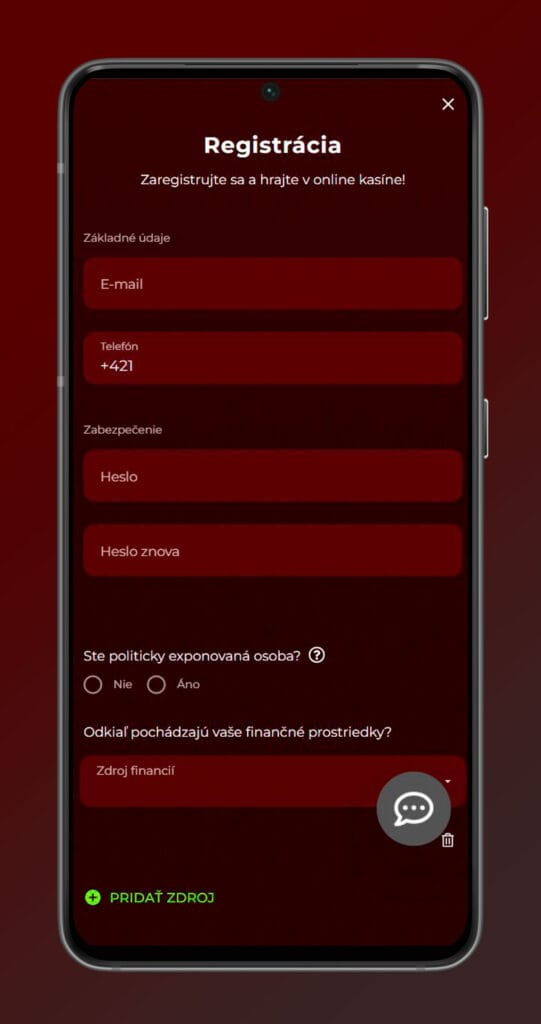registračný mobilný formulár v kasíne Eurogold